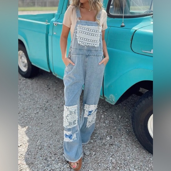 NWT POL Boho Patchwork Crochet Jean Denim Overalls - Picture 11 of 15